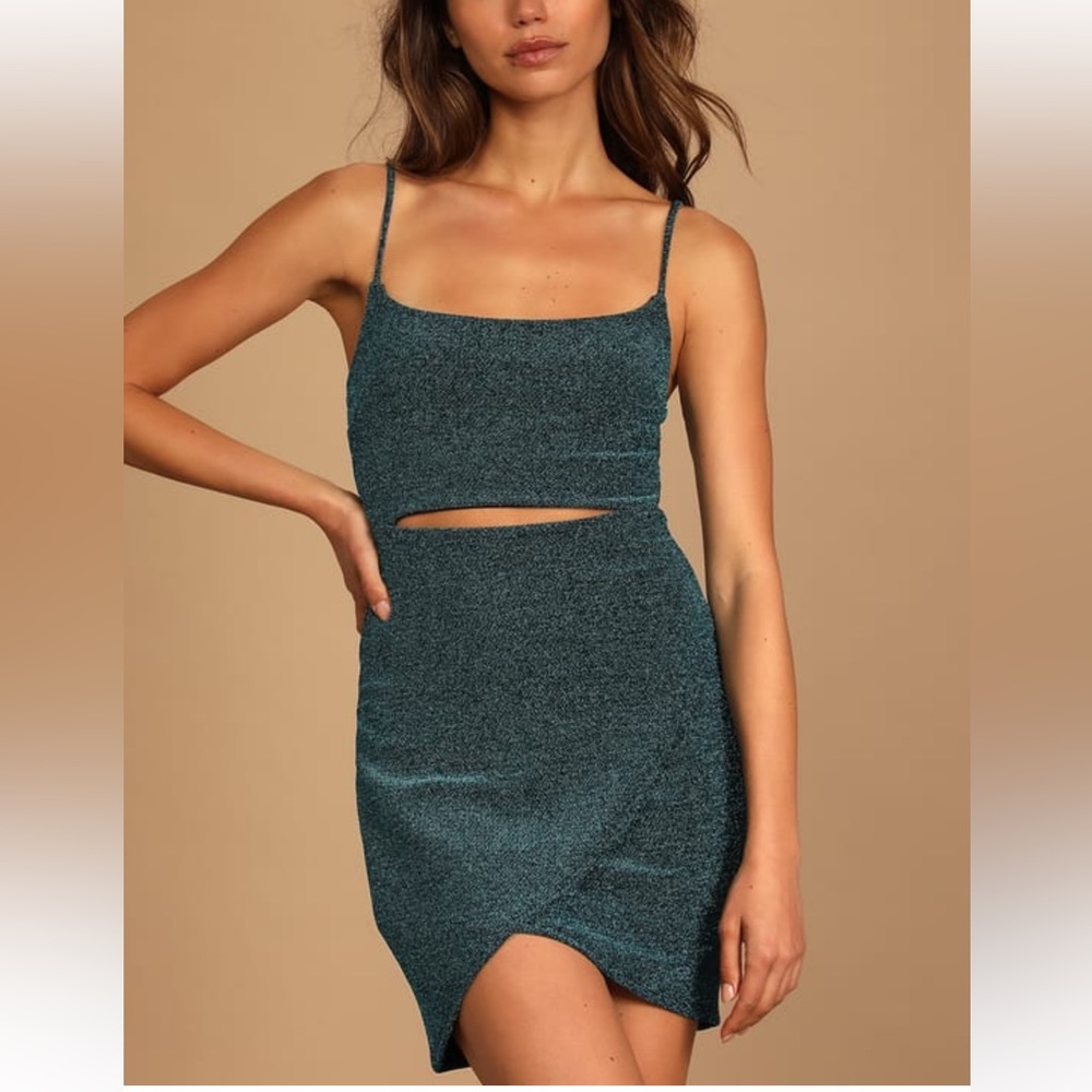 Cutout on the Town Teal Blue Metallic Cutout Tulip Mini Dress (Lulus)
